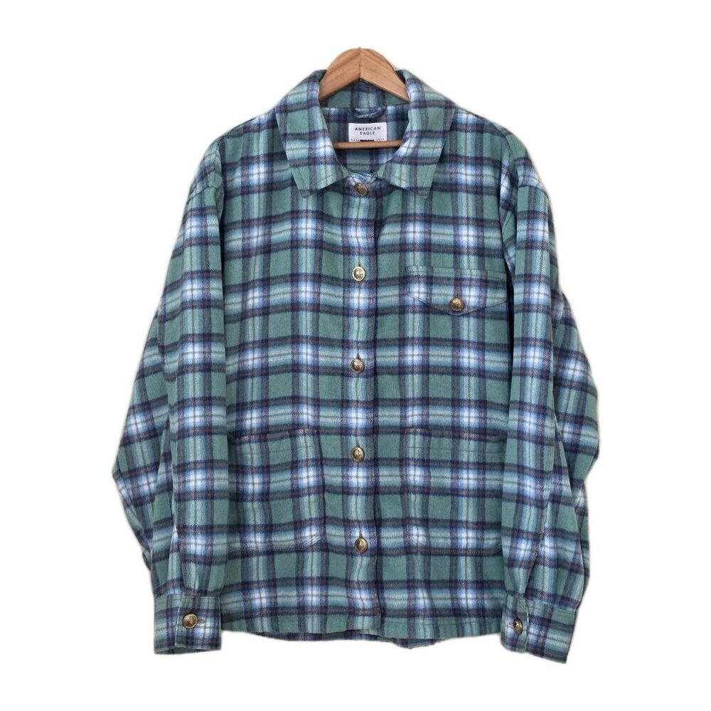 American Eagle Shacket Womens XL Plaid Fleece LS Wool Blend Pockets Buttons Boho